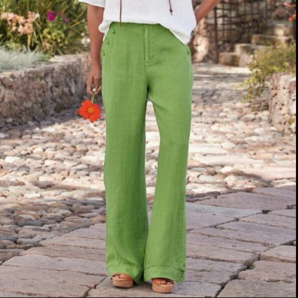 Sundance Oaklee Easy Linen Wide-Leg adjustable waist Pants Green 14